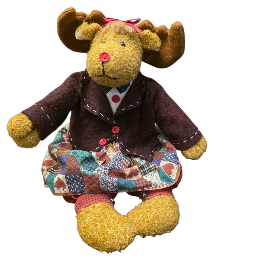 RUSTIC MOOSE Plush Doll/ Stuffed Animal‎ Christmas w/Quilted Skirt Pattern